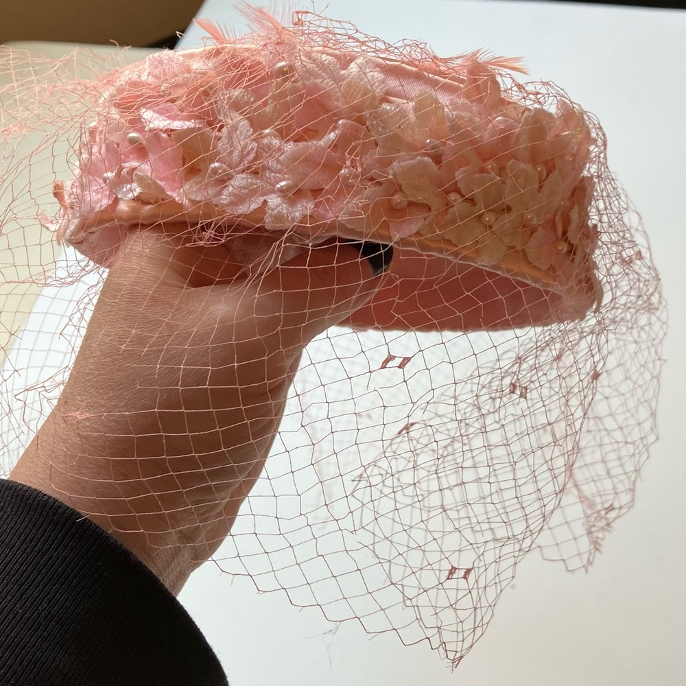Pink Pillbox Hat silk with net veil and feathers
